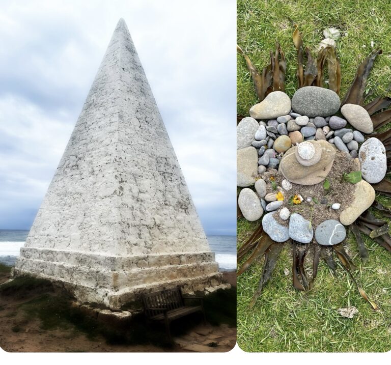 edyta-domaradzka- Two pictures of a pyramid with rocks and sand on Holy Island.
