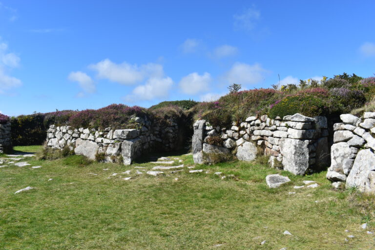 edyta-domaradzka- The ancient village of Chysauster features stone ruins with a grassy pathway leading through the middle, surrounded by purple and green vegetation under a clear blue sky.